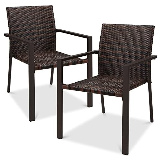 Best Choice Products Set of 2 Stackable Outdoor Wicker Dining Chairs All-Weather Firepit Armchair w/Armrests, Steel Frame for Patio, Deck, Garden, Yard - Brown
