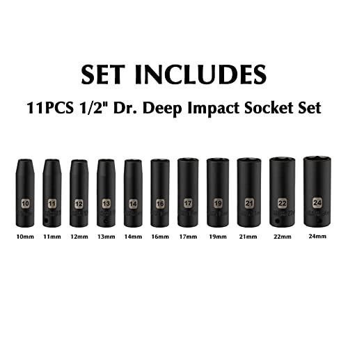 Image of EMENTOL 11PCS 1 /2 Inch Drive Deep Impact Socket Set, Metric, 6-Point, CR-V, 11 Pieces 1 /2 inch Dr. Deep Socket Set, 10mm - 24mm