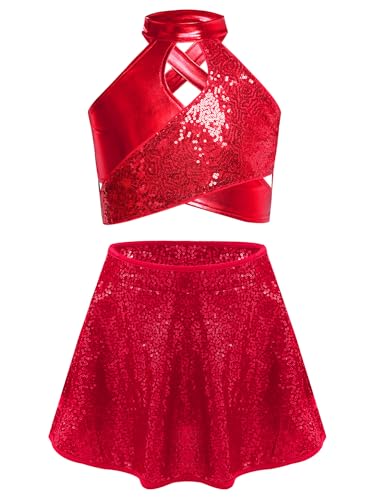Jan Jean Kids Girls Sequin Hip Hop Jazz Latin Dance Outfits Shiny Metallic Cross Back Crop Top with Sequins Skirts Set Red 12 Years