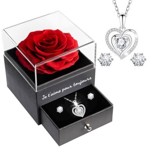 Sunia Cadeau Saint Valentin Femme, Rose Eternelle avec Bijoux Argent 925, Collier Coeur Boucles d'oreilles,Coffret Cadeau Femme, Rose Préservée avec Collier, Cadeau Anniversaire Femme, Saint-Valentin
