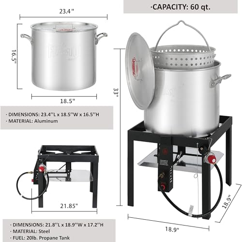 Image of Feasto 60QT Seafood Boil Pot with Basket and Burner for Outdoor Cooking | 60QT Aluminum Seafood Boil Kit, 100,000 BTU Burner, Electronic Ignition, for Crawfish, Crab, Shrimp (Regulator Included)