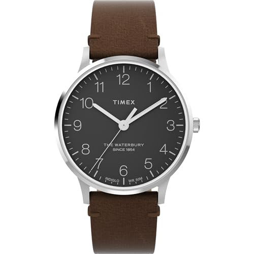 Timex メンズ ウォーターベリー クラシック クロノ 40mm ステンレススチール クォーツ ドレスウォッチ レザーストラップ付き, ブラウン/ステンレススチール/ブラック。