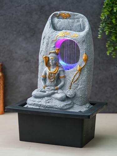 Image of CHRONIKLE Grey Polyresin Tabletop Lord Shiv Indoor Water Fountain for Home Decor with LED, Speed Control Pump (Size: 37 x 28 x 56 CM | Weight: 2900Gram)