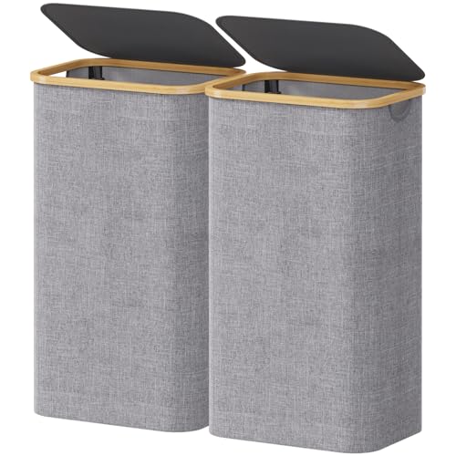 Lifewit 2 Pack 100L Laundry Basket with Lid, Clothes Hampers for Laundry with Bamboo Handles and A Removable Laundry Bag, Large Foldable Laundry Hamper for Bedroom, Bathroom, Dorm, Light Grey
