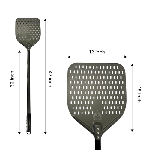 Image of Chicago Brick Oven Perforated Pizza Peel - 12 inchx15 inch Anodized Aluminum Pizza Steel, 32 inch Handle, 47 inch Overall Length - Ideal Pizza Turning Peel for Pizza Oven, Brick Oven, Baking Bread
