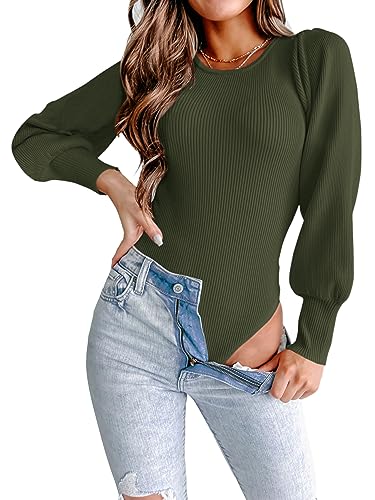 Image of MASCOMODA Womens Puff Long Sleeve Ribbed Sweater Bodysuits | Fall Winter Outfits 2026, Crewneck Knitted Bodysuit Dressy Casual, Cute Slim Fit Pullover Tops, Work, Date, Dress Up & Down