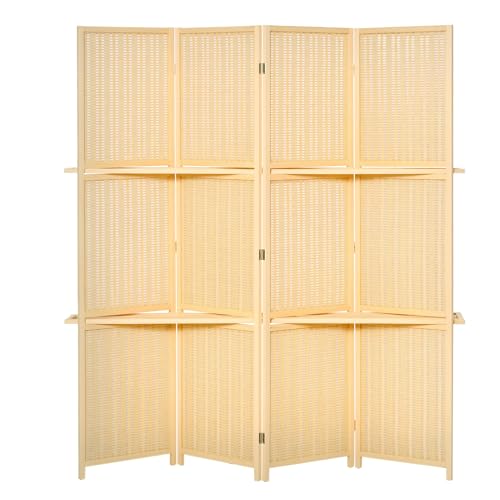 HOMCOM 4-Panel Folding Room Divider, 6 Ft Freestanding Bamboo Privacy Screen Panel with Storage...