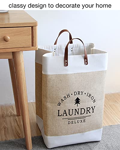 Amztop Linen Clothes Hamper Patchwork Collapsible Laundry Basket With Leather Handles For Storage Toys And Clothing In Bedroom, Bathroom Foldable Laundry Hamper 68L #TOP5