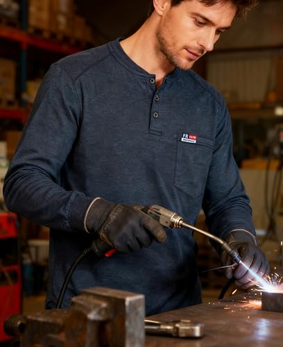 Image of BOCOMAL FR Shirts for Men Long Sleeve EX Soft Flame Resistant Henley CAT2 | NFPA2112 6oz Midweight Cotton Knit Heather Series,Moisture-Wicking /Breathable,Chest Pocket,Rib-Knit Cuffs,Summer Work T Shirt
