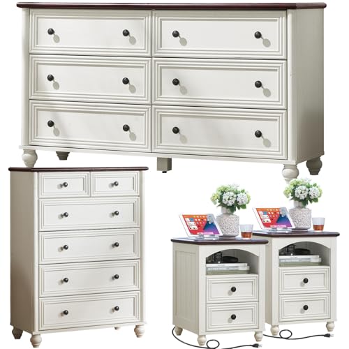 Farmhouse Dressers & Night Stand Set of 4, Wood 54' Wide Dresser & 43.5'Tall Chest of Drawers, 18' with Charging Station Nightstand Set of 2, Bedroom Furniture Dresser Set for Home Living Room Hallway