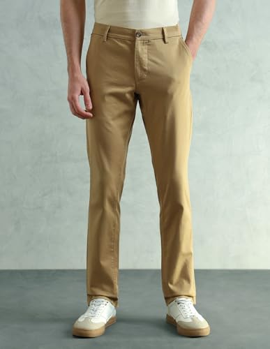Image of Arrow Sport Men Slim fit Cotton SolidMid Rise waistTrousers