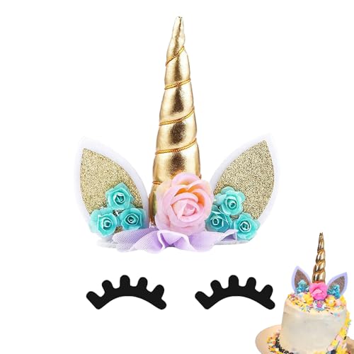 Ginddy Adornos para Tarta de Unicornio Dorado | Cuerno y Orejas con Purpurina Reutilizables+Cilios | Decoración para Fiestas de Cumpleaños de Niñas, Bodas y Tartas con Temática Arcoíris