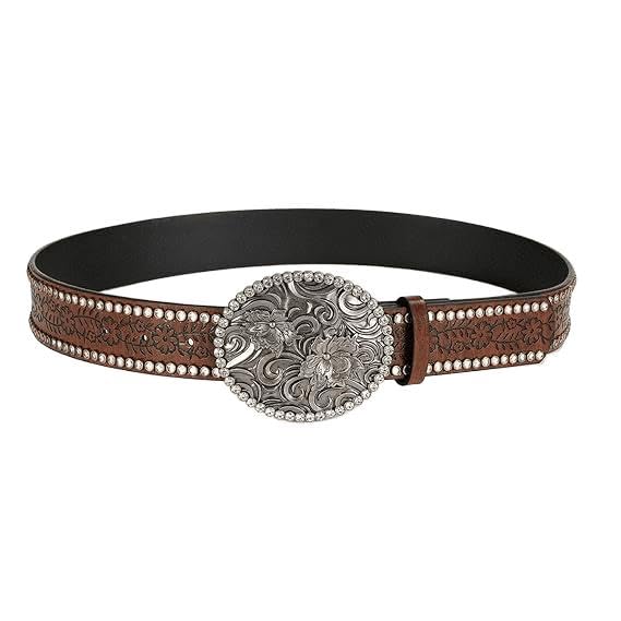 Women Western Cowboy-Cowgirl Rhinestone Belt, Vintage Western Bling Buckle PU Leather Belt Fits Waist 28-38"3
