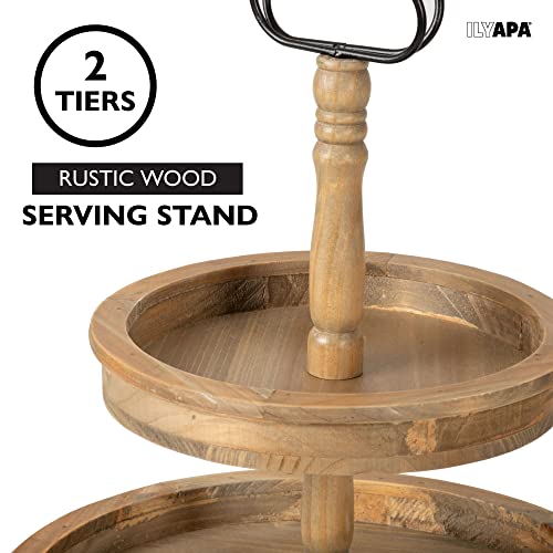 Ilyapa Decorative Farmhouse Tiered Serving Tray Stand - 2 Tier Rustic Wooden Serving Stand With Handle - Barnwood, 16” X 14.5” X 14.5” #TOP3