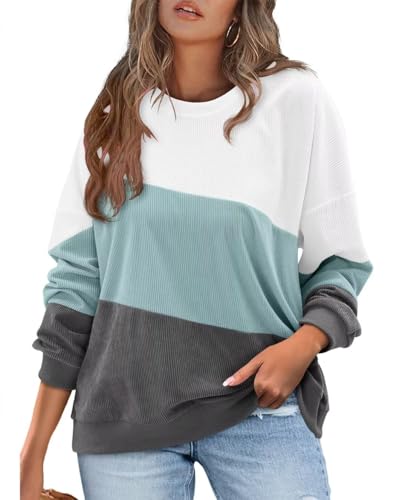 KISSMODA Womens Casual Long Sleeve Sweatshirts Color Block/Solid Tops Corduroy Crewneck Tunic Pullover with Pockets