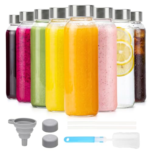Image of Luxfuel Glass Water Bottles with Lids 16 oz, 8 Pack Reusable Juice Bottle with Stainless Steel Cap & Straw, 100% Leak Proof, BPA Free, Clear Glass Bottles for Juicing, Milk, Smoothies, Fridge Storage