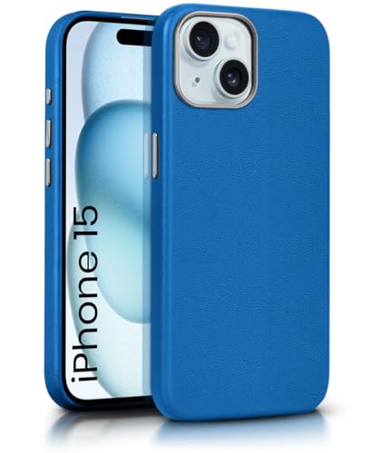 Image of WOW IMAGINE Back Cover for iPhone 15 | Shockproof Tough Leather Texture Hard Mobile Case | Ultra Slim Non-Slip Grip | Inner Velvet Fabric | Metal Camera Ring - Blue