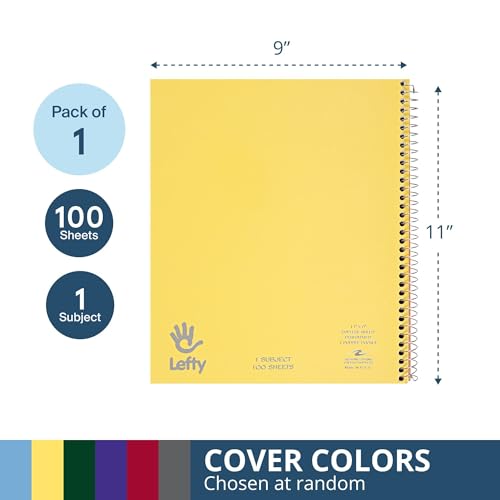 Image of ROARING SPRING Lefty Spiral Notebook, Left-Handed One Subject Notebook, 11 inch x 9 inch, 100 Sheets, College-Ruled, Perforated, Assorted Saranac Covers, Made in USA