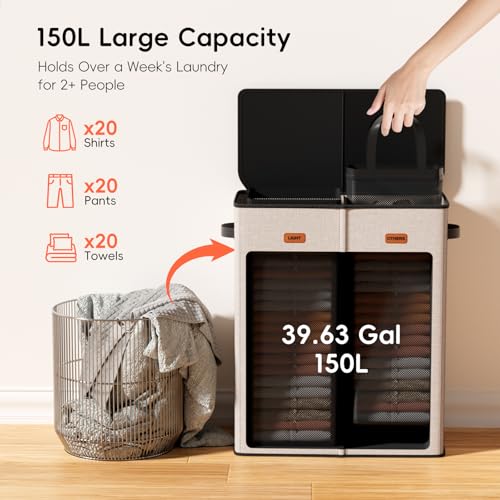 Image of 150L Double Laundry Hamper With Lid, Large Clothes Hampers with Removable Bag, Laundry Hamper 2 Section for Bathroom, Bedroom, Laundry Room, Dorm