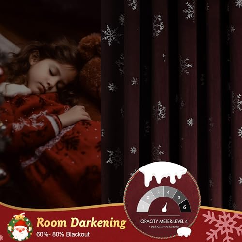Image of Beauoop Christmas Red Velvet Curtains 96 Inches Long 2 Panels for Bedroom Living Room Silver Snowflake Holiday Decor Burgundy Thermal Insulated Room Darkening Rod Pocket Window Treatments Drapes 52X96