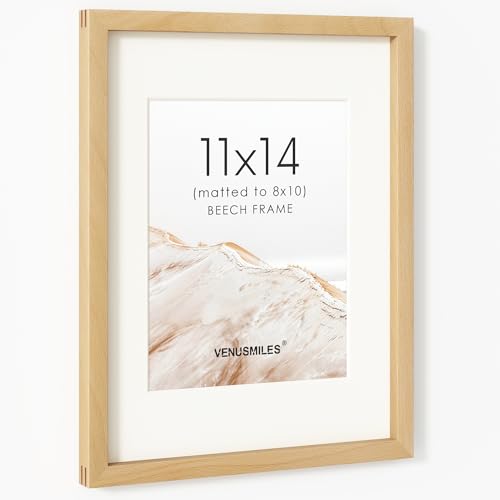 Image of 11x14 Picture Frame, USA-Sourced Natural Beech Wood Photo Collage Frame with HD Tempered Glass, Modern Simple 11 x 14 Wooden Frame Matted to 8x10, Vertical & Horizontal Wall Hanging Display