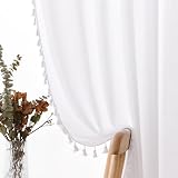 SPWIY White Linen Curtains 84 Inches Long 2 Panels Cream Semi Sheer Curtains Tassel Back Tab Top Light Filtering Neutral Farmhouse Curtains for Living Room Bedroom 52x84