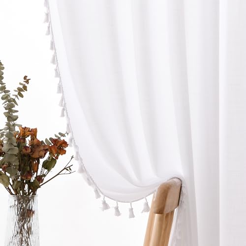 SPWIY White Linen Curtains 90 Inches Long 2 Panels Cream Boho Semi Sheer Curtains Tassel Back Tab Light Filtering Neutral Farmhouse Bohemian Drapes for Living Room Bedroom 38x90