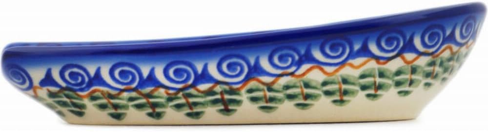 Polmedia Polish Pottery Spoon Rest - Blue Pansy Pattern Handmade in Boleslawiec Poland by Ceramika Bona + Certificate of Authenticity