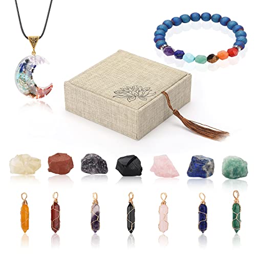 Therapeutic Crystals Set Embody 7 Chakra Stones, 7 Crystals Necklaces, Lava Bracelet, Moon crystal pendant necklace in Jewel Field, Actual Gem stones and Crystals Present Set for Witchcraft, Meditation, Yoga