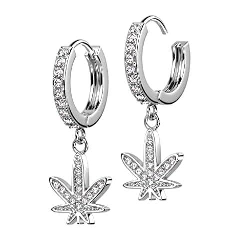beyoutifulthings 1 Pair Women's Hoop Earrings Pendant Hemp Leaf Pave Zirconia Clear Earrings Stud Earrings Silver Gold, 316L surgical steel Cover