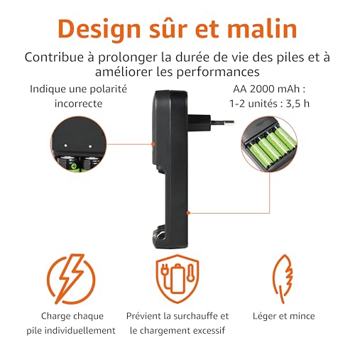 Amazon Basics batteries NiMH rechargeables avec chargeur à 4 emplacements, prise européenne, AA 2000mAh Lot de 4, Noir – vue 3