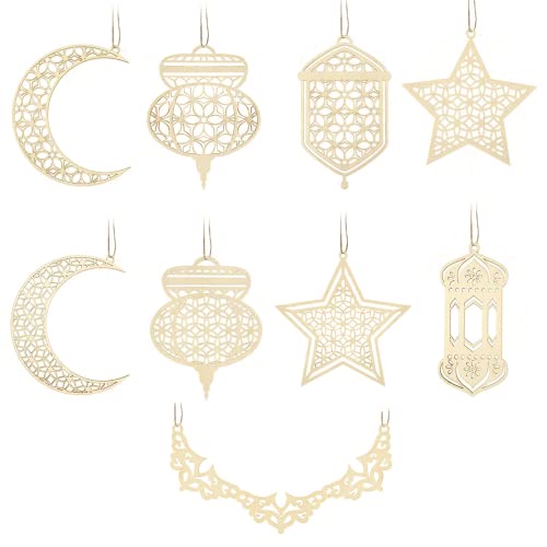 9 Pièces Ramadan Pendentif en Bois, Ramadan Pendentif Creux en Bois, Decoration Bois Eid al-Fitr, Moon Star Forme Ornement Suspendu pour Islam Ramadan Mubarak Eid Décorations