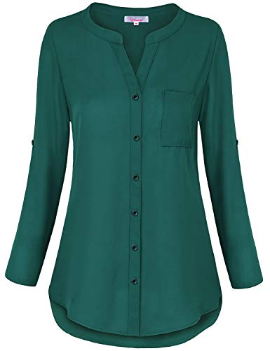 Boutique Clothing For Women,Ladies Elegant Button Down Tops Sexy V Neck 3/4 Roll Tab Sleeve Chic Tunic Tops Business T-Shirts Soft Surroundings Prime Wardrobe Dark Green M #TOP1