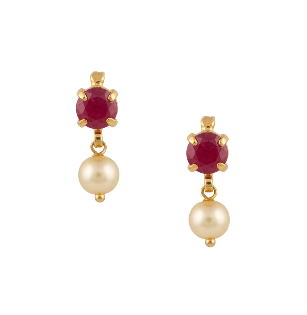 Ruby and Pearl Drop Earrings, Gold-Toned Stud, Pink AD stone with Dangling Pearl, Elegant Ethnic Style-image-27