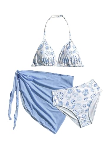 Image of SHENHE Girl's 3 Piece Swimsuits Cute Halter Triangle Bikini Bathing Suit with Beach Cover Up