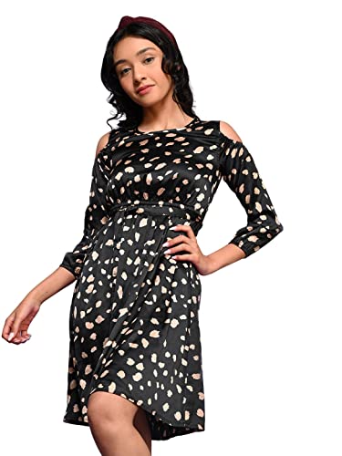 Image of LILPICKS Girls All Over Polka Printed Cold Shoulder Fit n Flare Dress (Black)