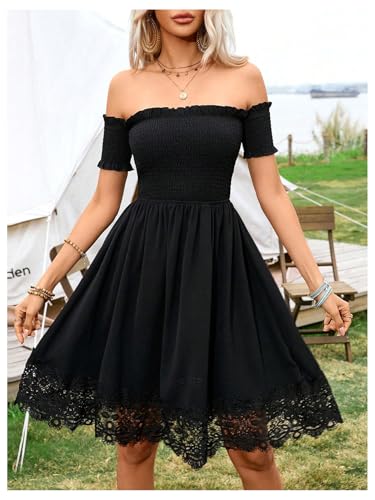 SOLY HUX Women's Summer Off The Shoulder Lace Shirred Flowy Short Dress Music Festival Vacation Outfits4
