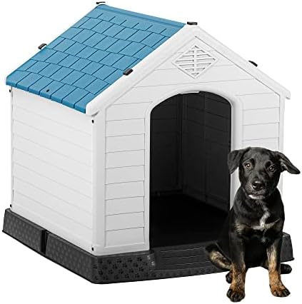 Outdoor Dog House Plastic Waterproof Doghouse for Small Medium Large Dogs Outside Dog Kennel with Air Vents and Elevated Floor (28.5" D x 26" W x 28" H, Blue)