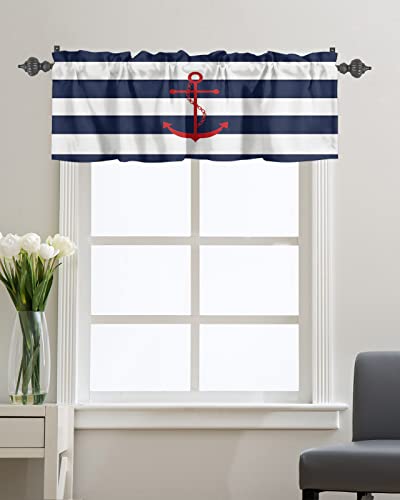 Chucoco Nautical Valance Curtain For Window, Red Anchor Rod Pocket Kitchen Valances Navy Blue White Stripe Short Curtain Panel Windows Treatment Drapes For Bathroom/Bedroom/Living Room #TOP2