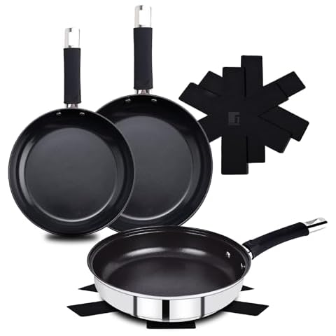 Bergner BASTER - 6-Piece Frying Pan Set Made of Stainless Steel 20 + 24 + 28 cm with Hollow Handles - Includes Protective Devices - Silicone Handles and Non-Stick Coating - Induction Battery Cover