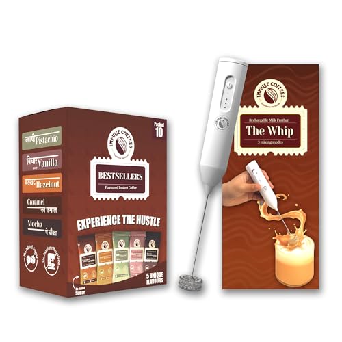Image of Impulse Coffees The Whip Electric Milk Frother with Instant Coffee Sachets Combo | Rechargeable Frother, 5 Flavours, Hot & Cold Coffee | 10 Sachets