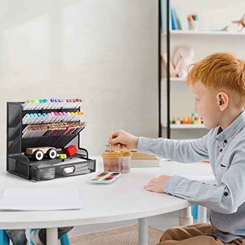 Furninxs Mesh Desk Organizer With Drawer, Desktop Office Supplies Multi-Functional Caddy Pen Holder Stationery Accessories, Art Storage Supplies For Office Home School, Black #TOP6