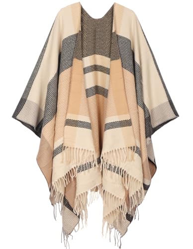 Beige Women Shawl Wraps Open Front Poncho Cape Cardigan Sweater Winter