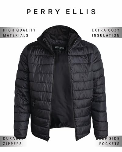 Image of Perry Ellis Mens Puffer Jacket - Quilted Packable Down Winter Jacket with Hood - Lightweight Winter Coat for Men