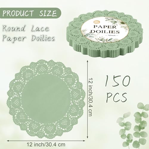 Kochorie 150 Pieces Lace Paper Doilies 12 Inches Round Sage Green Paper Doilies Disposable Decorative Placemats for Food Cakes Crafts Party Weddings Tableware Decoration - Thumbnail 2