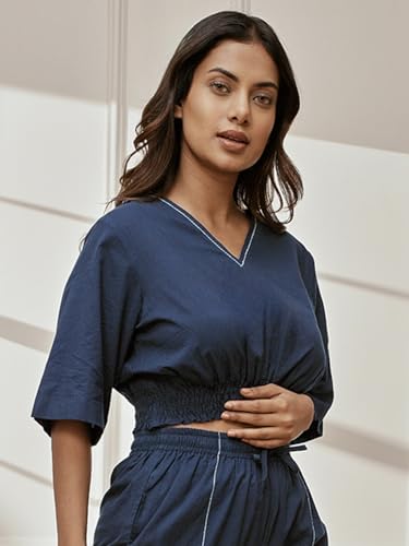 Image of VASTRAMAY Women's Cotton Crop Yoga Top with Geometric Embroidery & Dolman Sleeves