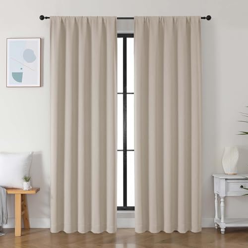 Image of Simplebrand Ava Biscotti Beige Blackout Curtains for Bedroom 84 Inch Length 2 Panels Set, Solid Thermal Insulated Privacy Nursery Window Treatment Curtains Blackout Drapes, W50 x L84 Inch