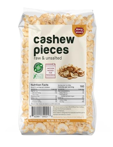 Spicy World Raw Cashew Pieces 80oz (5 LBS) -...