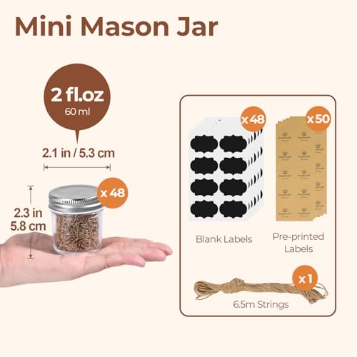 ComSaf Small Mason Jars 2 oz, 48 Pcs Mini Mason Containers, Small Canning Jars, Mini Glass Jar with Lids for Ginger Shots, Honey, Jams, Sauces, Spices, DIY Candle Decor, Dressing, Wedding Favors by ComSaf - Image 2
