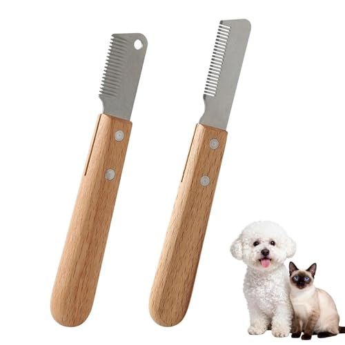 AJKQNMA Trimmmesser für Hunde mit Holzgriff Trimmkamm Feiner & Grober Kamm Trimm Messer Hundekamm aus gehärtetem und geschliffenem Edelstahl Haustierpflege Werkzeug für Haustier Pet Unterwolle